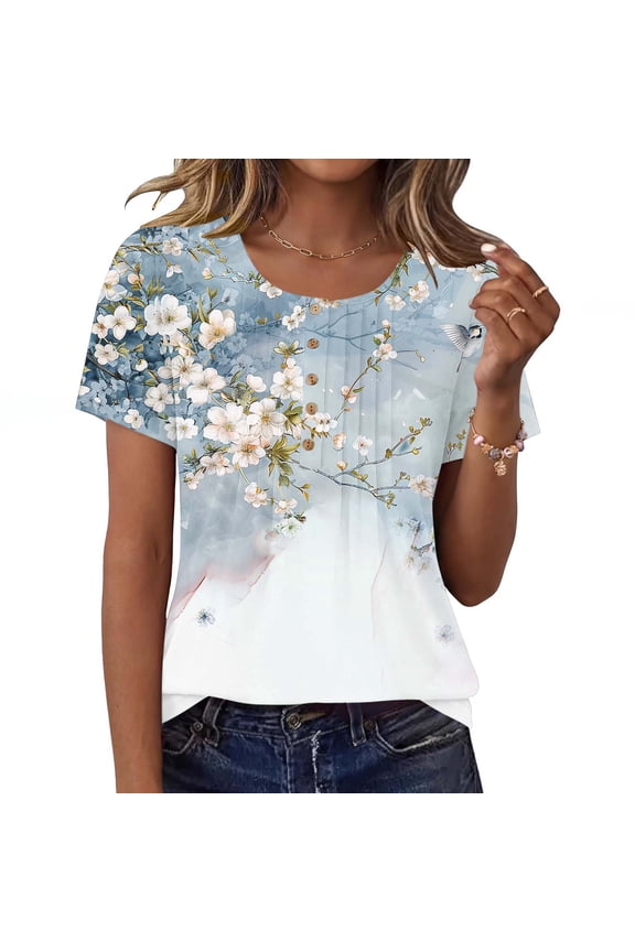 Short Sleeve Shirts for Women Pleated Crewneck Cute Blouses Dressy Casual Elegant Tops Loose peasant Summer T-Shirts