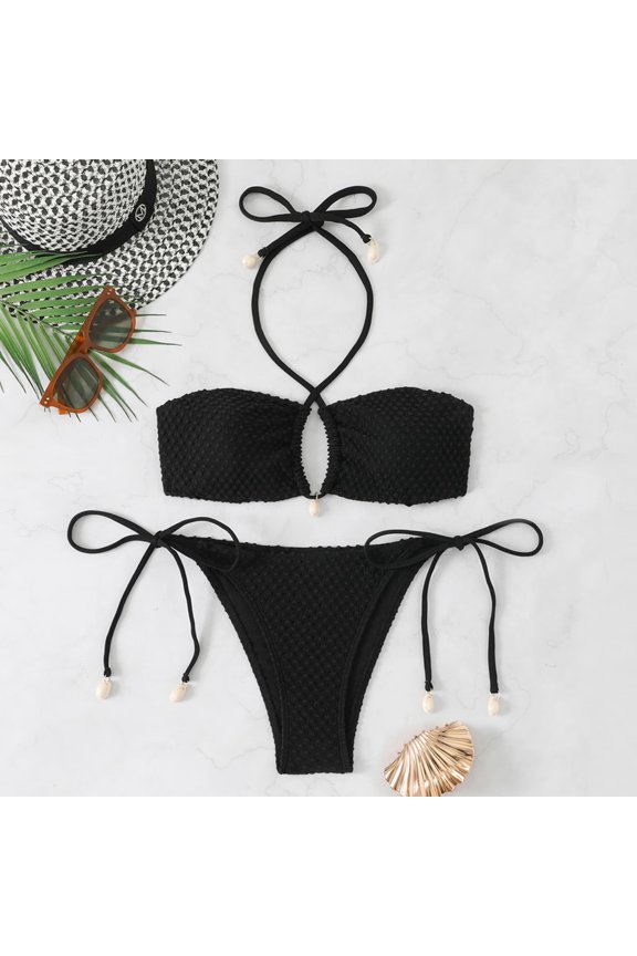 Triangle Bikini Set for Women Halter Swimsuit Beaded Solid Tie Textured Cheeky Swimwear Two Piece Bathing Suit