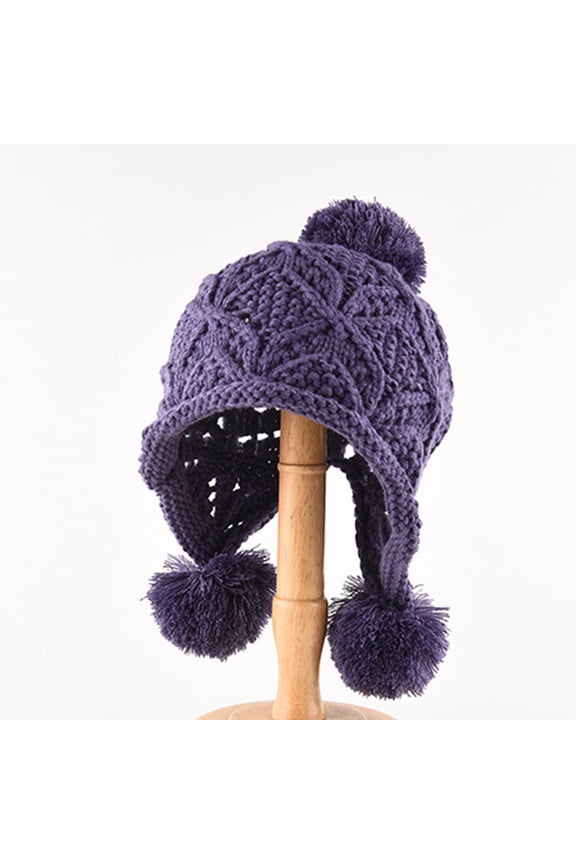 Unisex Cable Knit Beanie with Ear Flaps & Long Ties, Winter Hat with Large Pom Poms for Men & Women, Outdoor Riding Cap