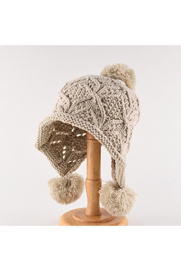 Unisex Cable Knit Beanie with Ear Flaps & Long Ties, Winter Hat with Large Pom Poms for Men & Women, Outdoor Riding Cap