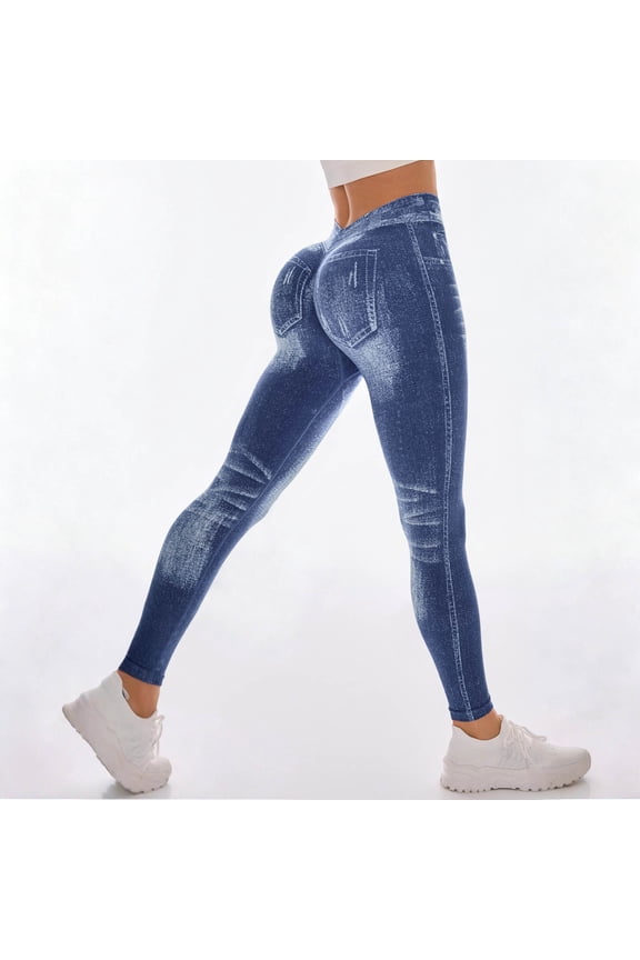 V Back Faux Denim Jeggings for Women Butt Lifting Tummy Control High Waisted Jeans Yoga Pants Scrunch Leggings