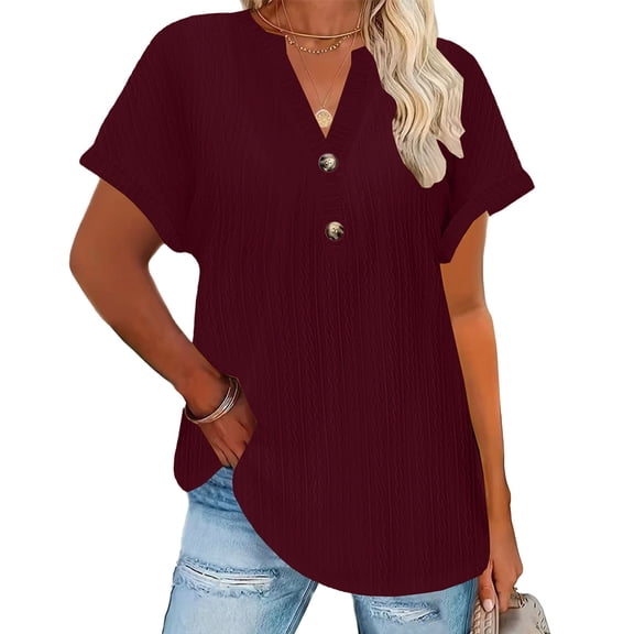 Roncen V-Neck T-Shirt for Women with Gold Buttons, Short Sleeve Top with Asymmetrical High-Low Hem, Casual Fitted Tee