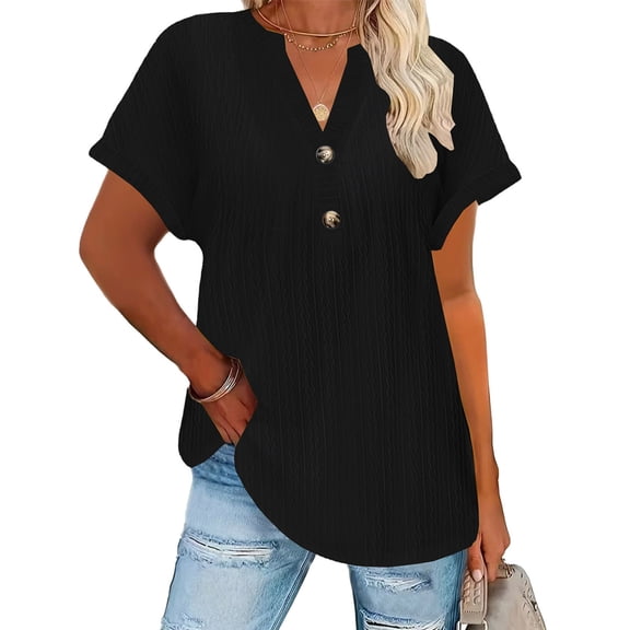 Roncen V-Neck T-Shirt for Women with Gold Buttons, Short Sleeve Top with Asymmetrical High-Low Hem, Casual Fitted Tee