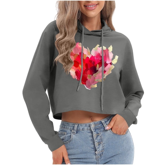 Roncen Valentine's Day Print Pullover Hoodie for Women, Pink Cropped Sweatshirt with Multi-Color Heart Design, Long Sleeve Fleece Top