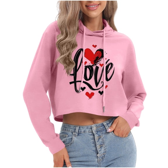 Roncen Valentine's Day Print Pullover Hoodie for Women, Pink Cropped Sweatshirt with Multi-Color Heart Design, Long Sleeve Fleece Top