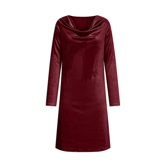 Roncen Velvet Cowl Neck Dress for Women, Long Sleeve Draped V-Neck Dress, Relaxed Fit Soft Velour Midi Dress