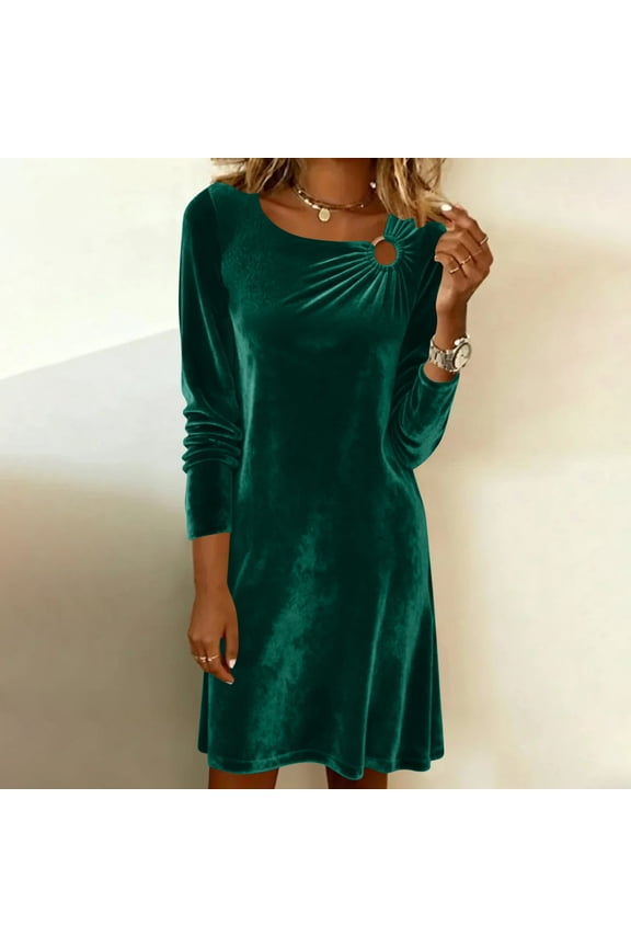 Velvet Cowl Neck Dress for Women, Long Sleeve Draped V-Neck Dress, Relaxed Fit Soft Velour Midi Dress