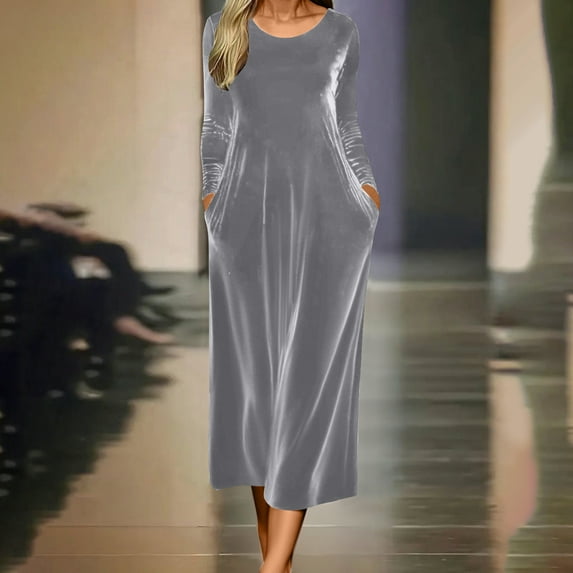 Roncen Velvet Dress for Women, Long Sleeve Round Neck Solid Color Dress with Pockets, Elegant Holiday Velveteen Midi Dress