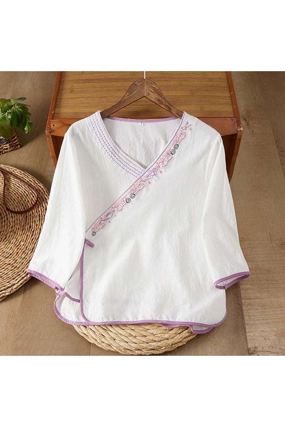 Vintage Floral Embroidery Cotton Linen Tops for Women Chinese Frog Button 3/4 Sleeve Loose Casual Blouses Shirts