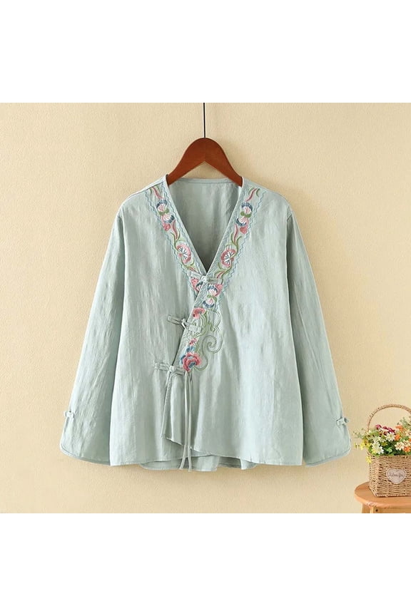Vintage Floral Embroidery Cotton Linen Tops for Women Chinese Frog Button Long Sleeve Loose Casual Blouses Shirts