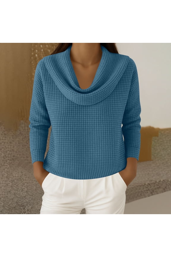 Waffle Knit Cowl Neck Top for Women, 3/4 Sleeve Pullover, Relaxed Fit Casual Sweater