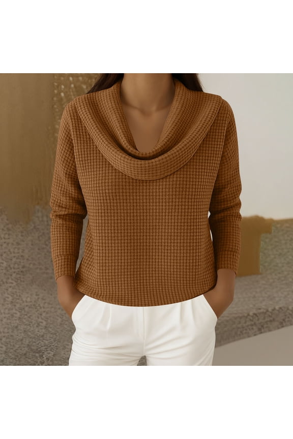 Waffle Knit Cowl Neck Top for Women, 3/4 Sleeve Pullover, Relaxed Fit Casual Sweater