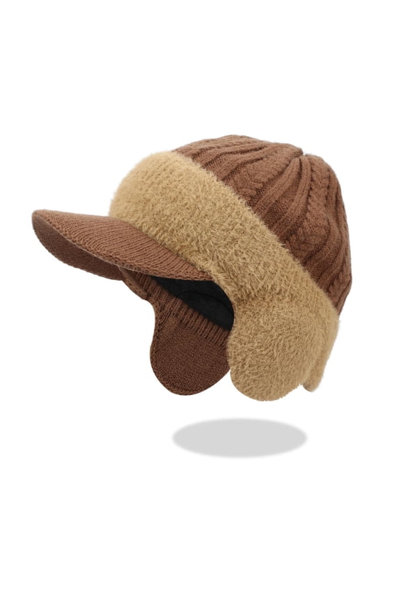 Winter Beanie with Brim Ear Flaps for Men Women, Warm Fleece Lined Knit Hat Stocking Caps for for The Cold Weather