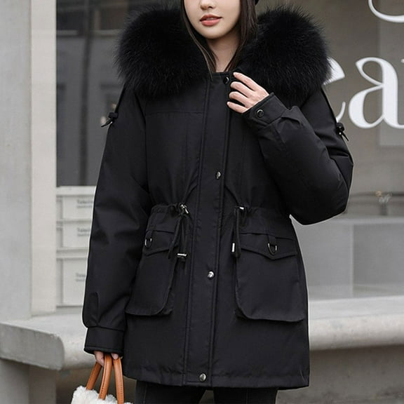 Roncen Winter Short Puffer Jackets for Women - Plush Lined Heavy Warmth Parka Coat - Long Sleeve Windproof Zip Up Outerwear with Hooded Design for Cold Weather