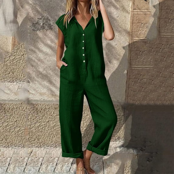 Roncen Women Button Down Jumpsuits Cotton Linen Short Sleeve Casual Wide Legs Rompers Loose Overall with Pockets