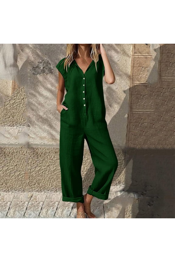Women Button Down Jumpsuits Cotton Linen Short Sleeve Casual Wide Legs Rompers Loose Overall with Pockets