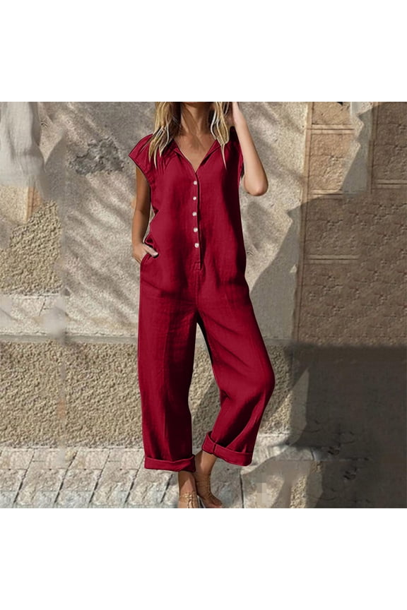 Women Button Down Jumpsuits Cotton Linen Short Sleeve Casual Wide Legs Rompers Loose Overall with Pockets