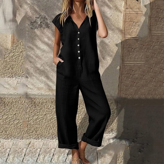 Roncen Women Button Down Jumpsuits Cotton Linen Short Sleeve Casual Wide Legs Rompers Loose Overall with Pockets