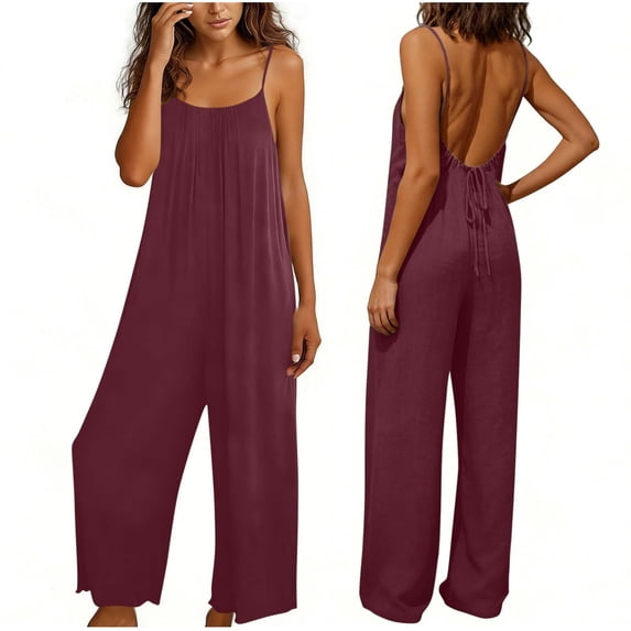 Roncen Women Casual Jumpsuits Summer Sleeveless Loose Jumpsuit Shoulder Strap Adjustable Long Pants Rompers with Pockets