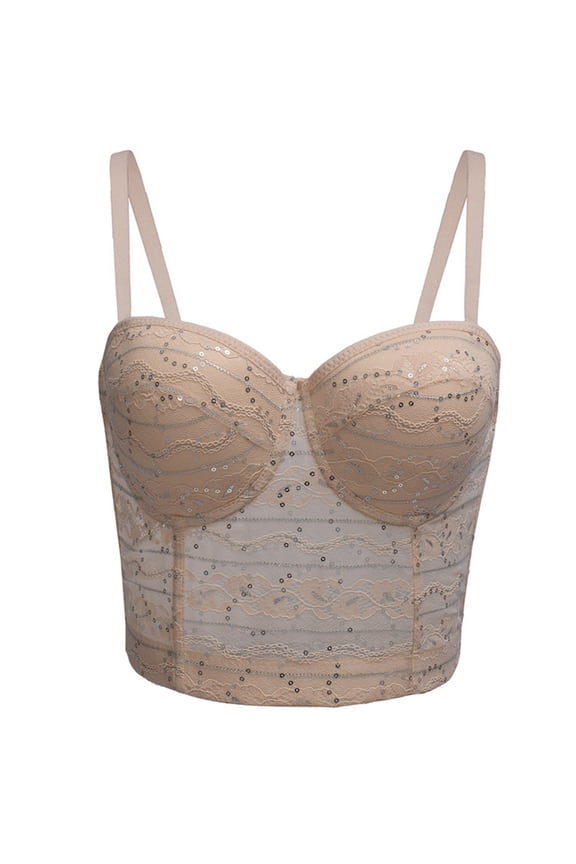 Women Chic Flower Embroidered Corset Top Spaghetti Strap Sheer Mesh Push Up Bustier Bralette