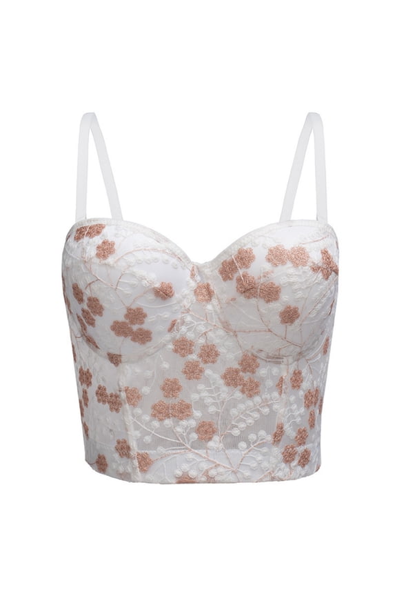 Women Chic Flower Embroidered Corset Top Spaghetti Strap Sheer Mesh Push Up Bustier Bralette