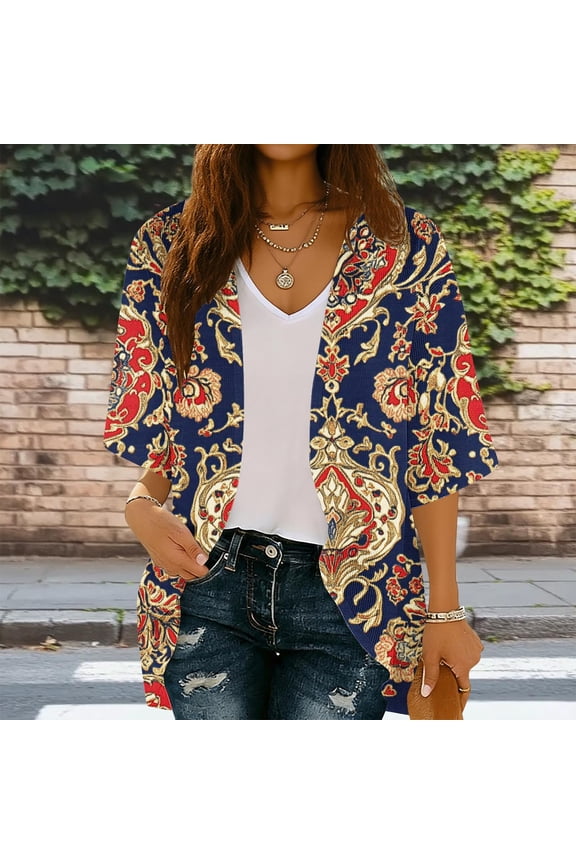 Women Kimono Cardigan Floral Printed Bat Sleeve Casual Capes Beach Cover up