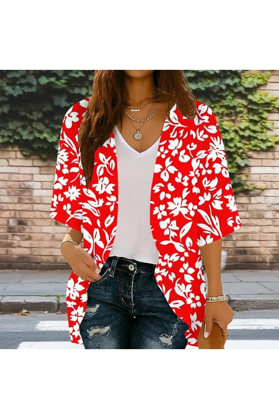 Women Kimono Cardigan Floral Printed Bat Sleeve Casual Capes Beach Cover up