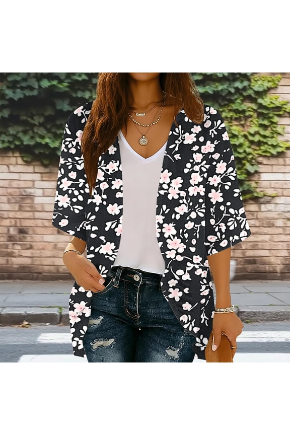 Women Kimono Cardigan Floral Printed Bat Sleeve Casual Capes Beach Cover up