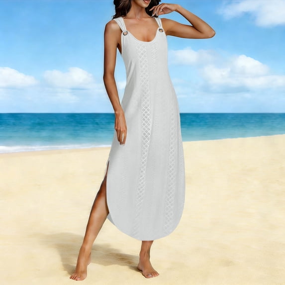 Roncen Women Midi Dress Summer Casual Loose Sleeveless Sundress Coverup Beach Eyelet Dresses 2026 Vacation Travel Outfits
