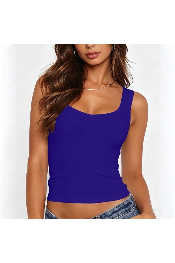 Women Rib Tank Top Padded Workout Top Square Neck Crop Tank Fitted Basic Cami Tops