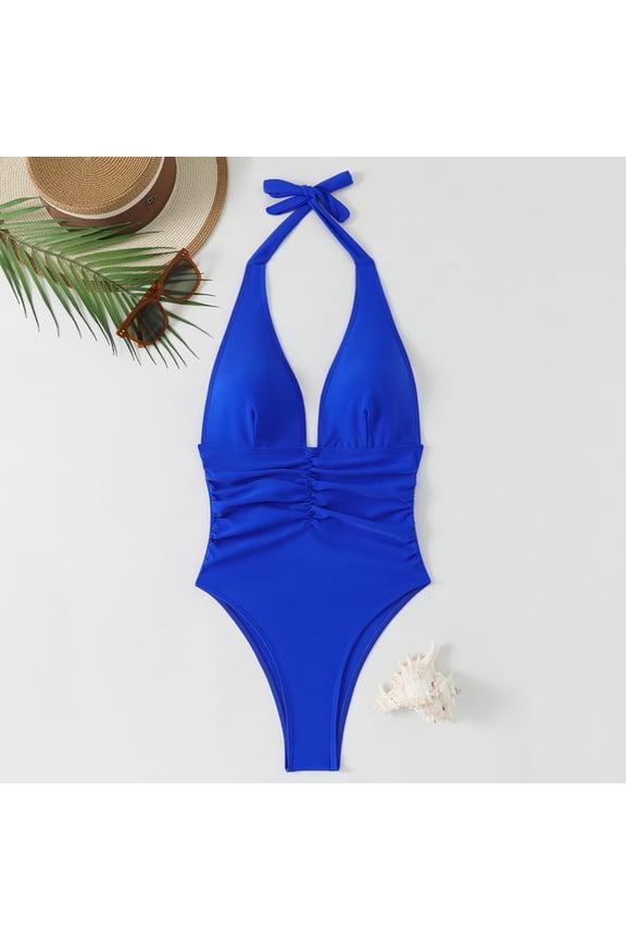 Women Sexy Halter Deep V One Piece Swimsuit,Backless Ruched Tummy Control High Cut Cheeky Bathing Suit Beach Vacation