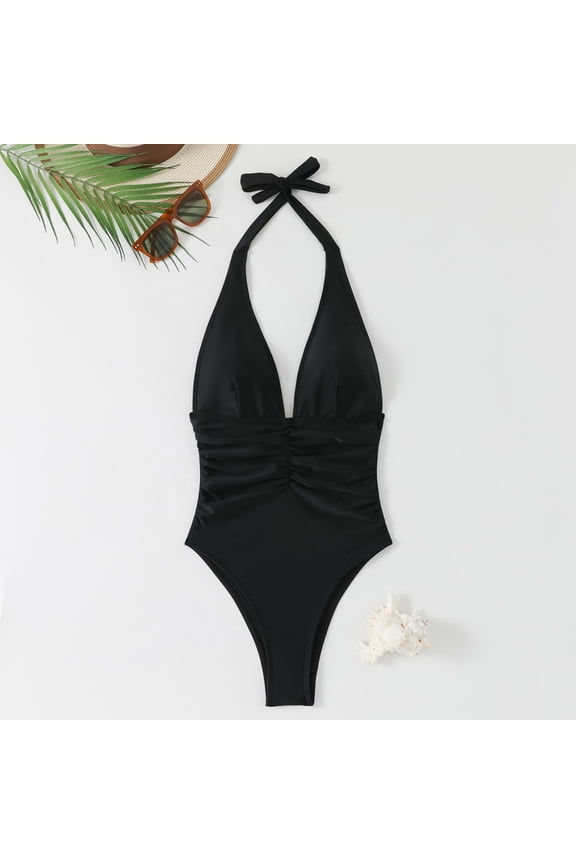 Women Sexy Halter Deep V One Piece Swimsuit,Backless Ruched Tummy Control High Cut Cheeky Bathing Suit Beach Vacation