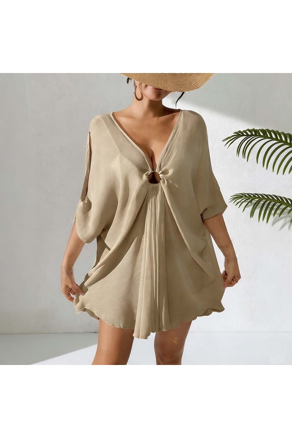 Women Sheer Batwing Sleeves Beach Cover Up V Neck O Ring Tops Loose Flowy Dress Bathing Suit Cover Ups Swimwear