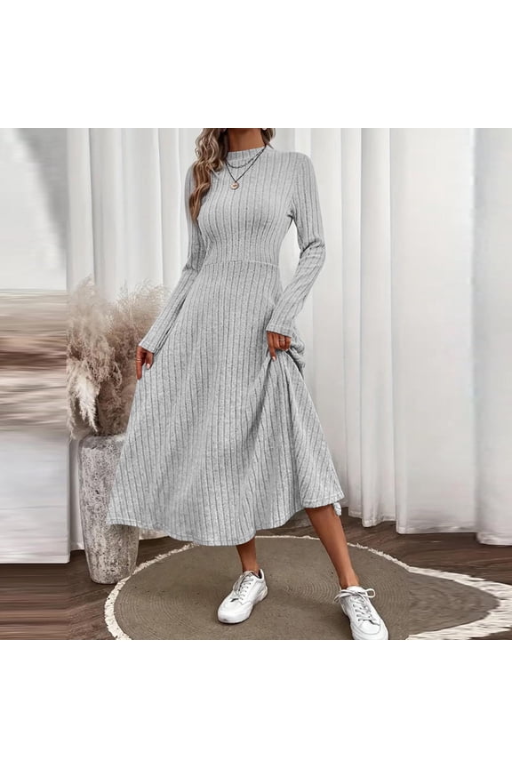 Women Sweater Dress 2026 Spring Fall Lightweight Long Sleeve Mock Neck A Line Fit and Flare Ribbed Knit Midi Dresses