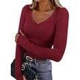 thumbnail image 1 of Roncen Women V Neck Ribbed Long Sleeve Shirt Fitted Basic Slim Knit Top, 1 of 9
