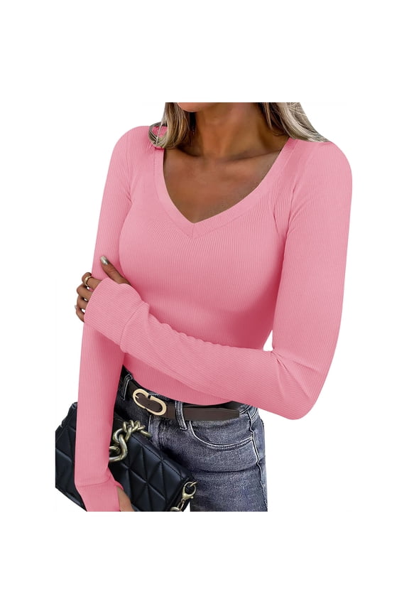 Women V Neck Ribbed Long Sleeve Shirt Fitted Basic Slim Knit Top