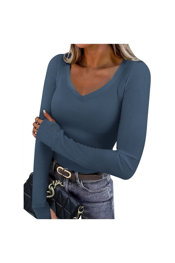 Women V Neck Ribbed Long Sleeve Shirt Fitted Basic Slim Knit Top
