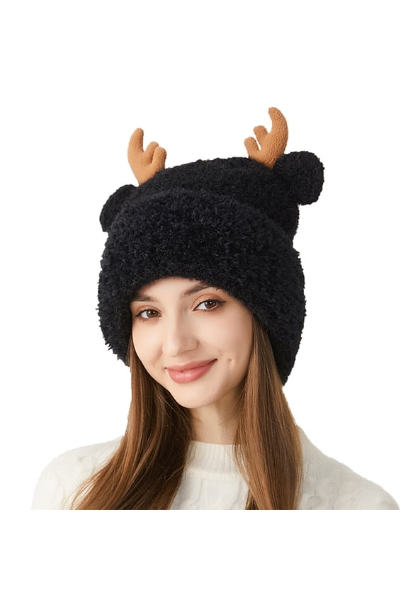 Women Warm Hat Cute Reindeer Antlers Knitted Winter Hats Crochet Earflap Knit Cap Beanie for Adults Kids