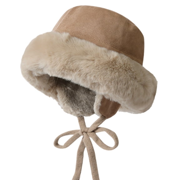 Roncen Women Winter Furry Bucket Hat Rolled Brim Faux Fur Cloche Hat with Fleece Lining