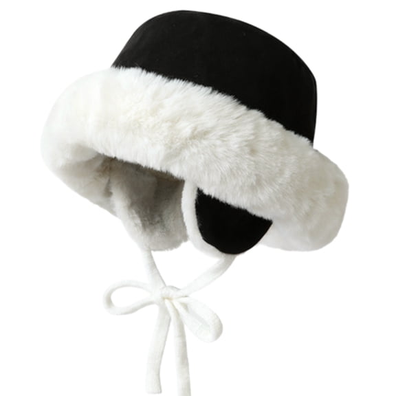 Roncen Women Winter Furry Bucket Hat Rolled Brim Faux Fur Cloche Hat with Fleece Lining