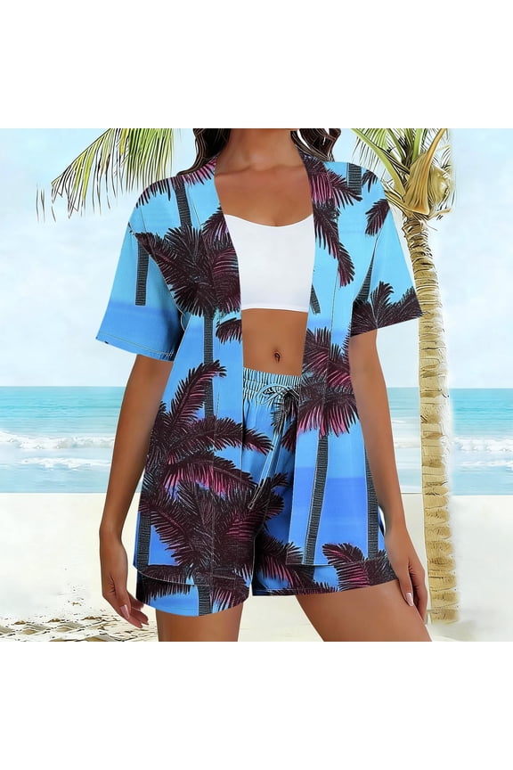 Women's 2 Piece Hawaiian Vacation Outfits Tropical Print Short Sleeve Shirts and Shorts Beach Sets Resort Wear