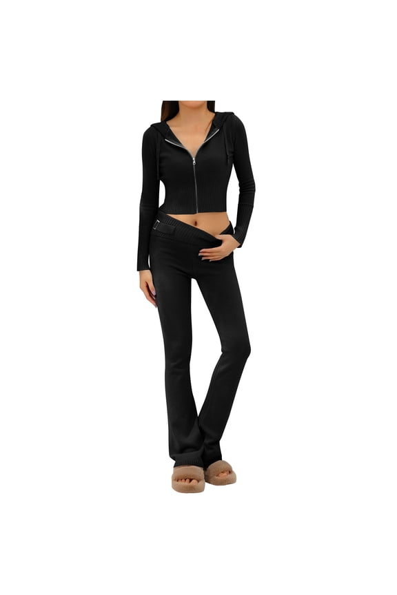 Women's 2 Piece Knit Sets Slim Fit Zip Up Hooded Flare Leg Pants Set Sweatsuit