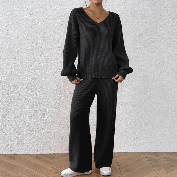 Roncen Women's Solid Color V-Neck Pullover & Casual Trousers 2-Piece Set - Long Sleeve Shirt and Pants Outfit with Loose Fit for Everyday Wear