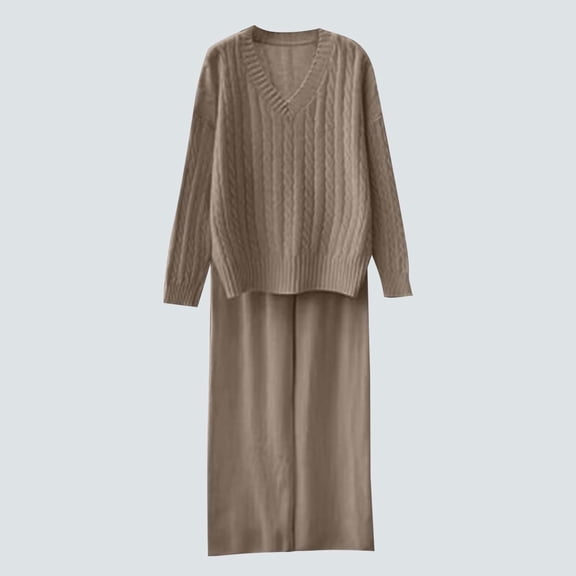 Roncen Women's Solid Color V-Neck Knit Pullover & Casual Trousers 2-Piece Set - Long Sleeve Shirt and Pants Outfit with Loose Fit for Everyday Wear