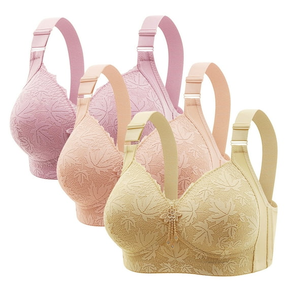 Roncen Women's 3-Pack Sexy Lace Wire-Free Comfort Bra - Plus Size Underwire-Free Flesh Shrimp Beige