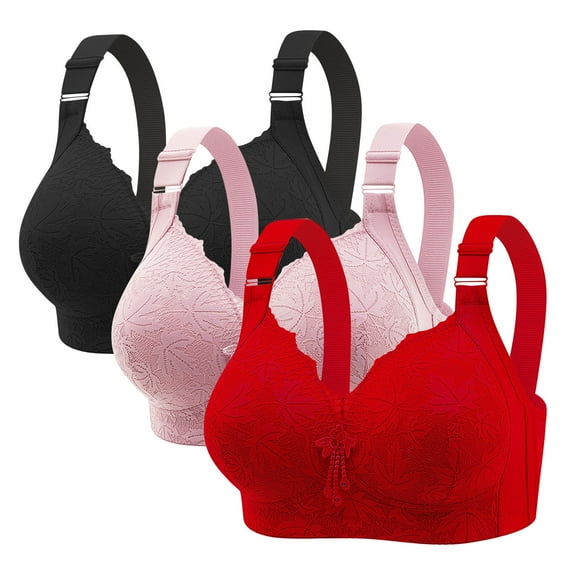 Roncen Women's 3-Pack Sexy Lace Wire-Free Comfort Bra - Plus Size Underwire-Free Red Beige Black