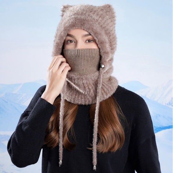 Roncen Women's 3-in-1 Beanie Hat with Scarf & Mask, Fleece-Lined Winter Ear Muff Beanie for Cold Weather