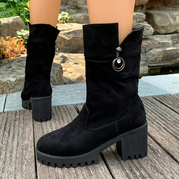 Roncen Women's Ankle Boots Chunky Heel Round Toe - Fashion Casual Versatile Fall Winter Booties with Metal Accents, Comfortable Height Boost Edgy Style