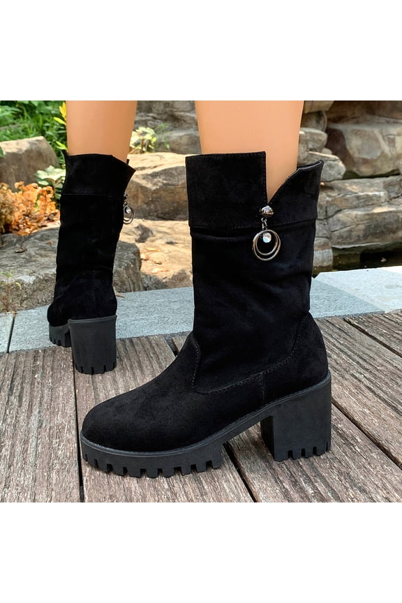 Women's Ankle Boots Chunky Heel Round Toe - Fashion Casual Versatile Fall Winter Booties with Metal Accents, Comfortable Height Boost Edgy Style