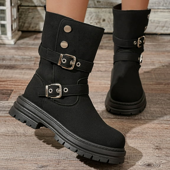 Roncen Women's Ankle Boots Winter Casual Short Shaft Chunky Low Heel - Round Toe Solid Color Buckle Detail Lace-Up Shoes for Everyday Wear